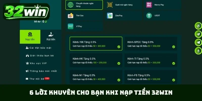 6 lời khuyên cho bạn khi nạp tiền 32WIN