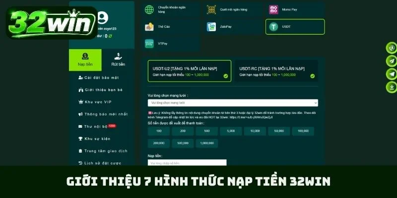 Giới thiệu 7 hình thức nạp tiền 32WIN